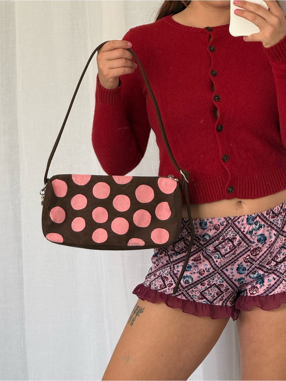 ✧ One of a Kind Hand Painted BAGGU Pink Polka Dot Loaf Bag ✧